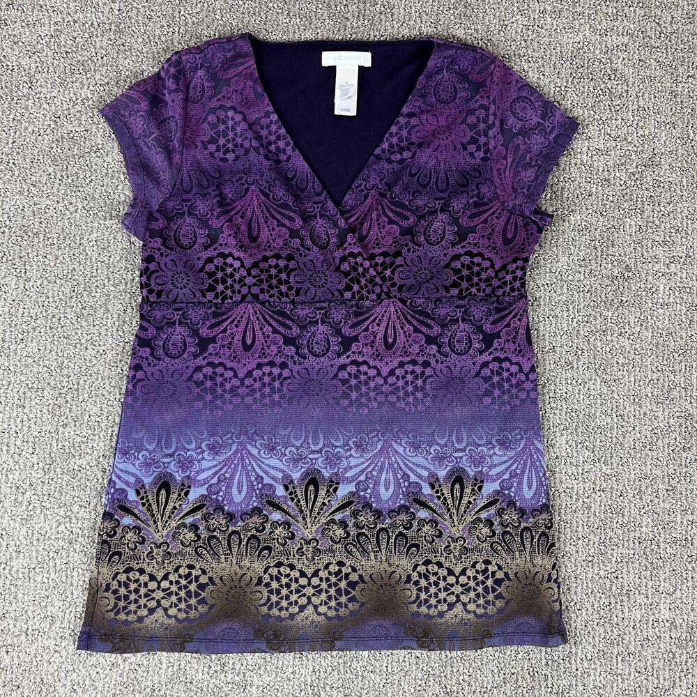 Y2K LizWear Shirt Womens Medium V Neck Short Sleeve Boho Floral Babydoll Top